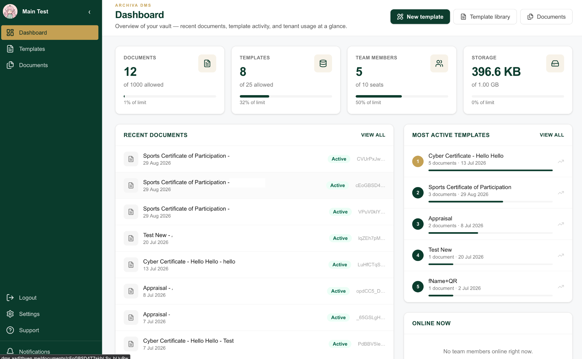 Dashboard showing recent documents, active templates, and usage limits