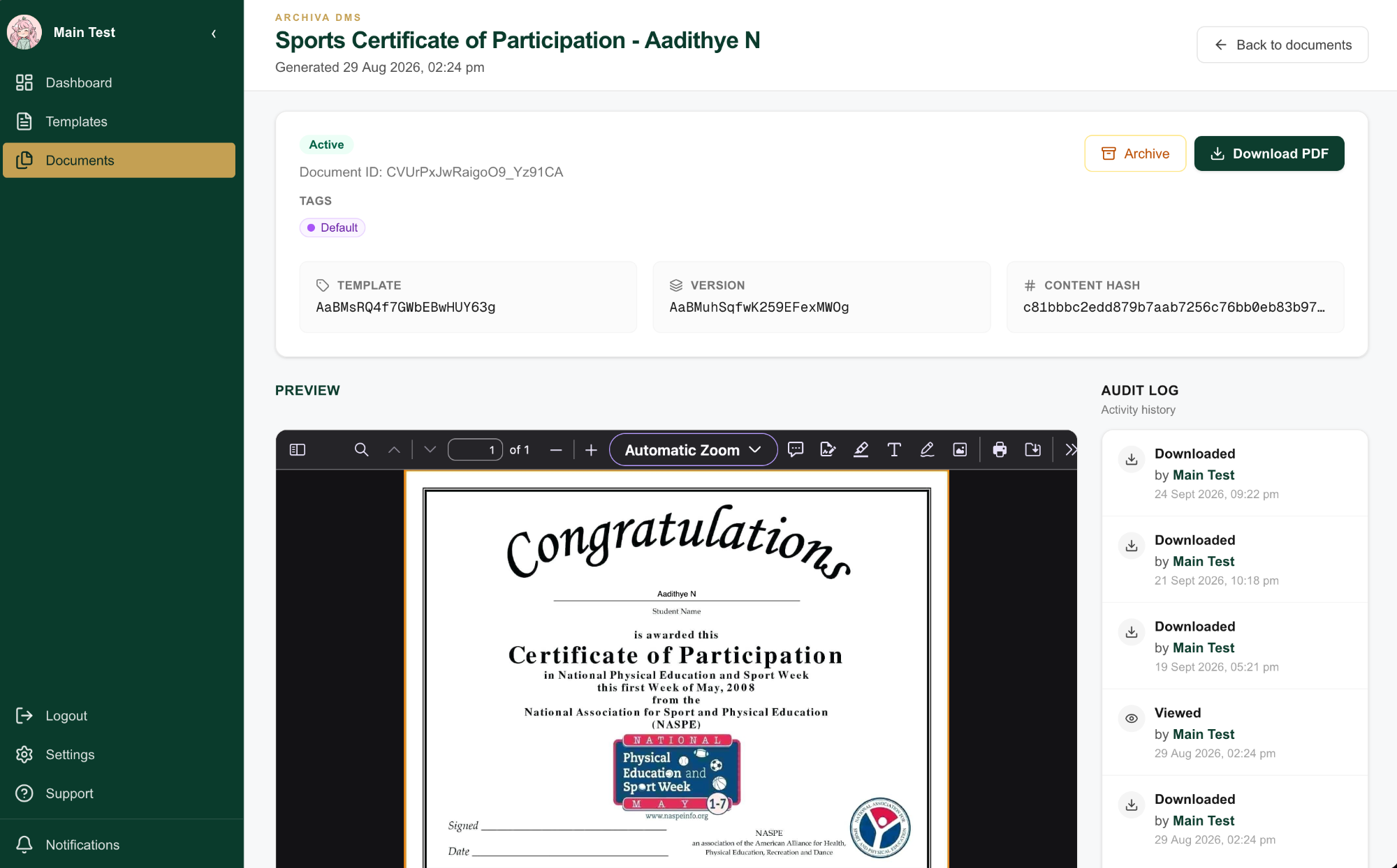 Document detail page with preview, download, and archive options