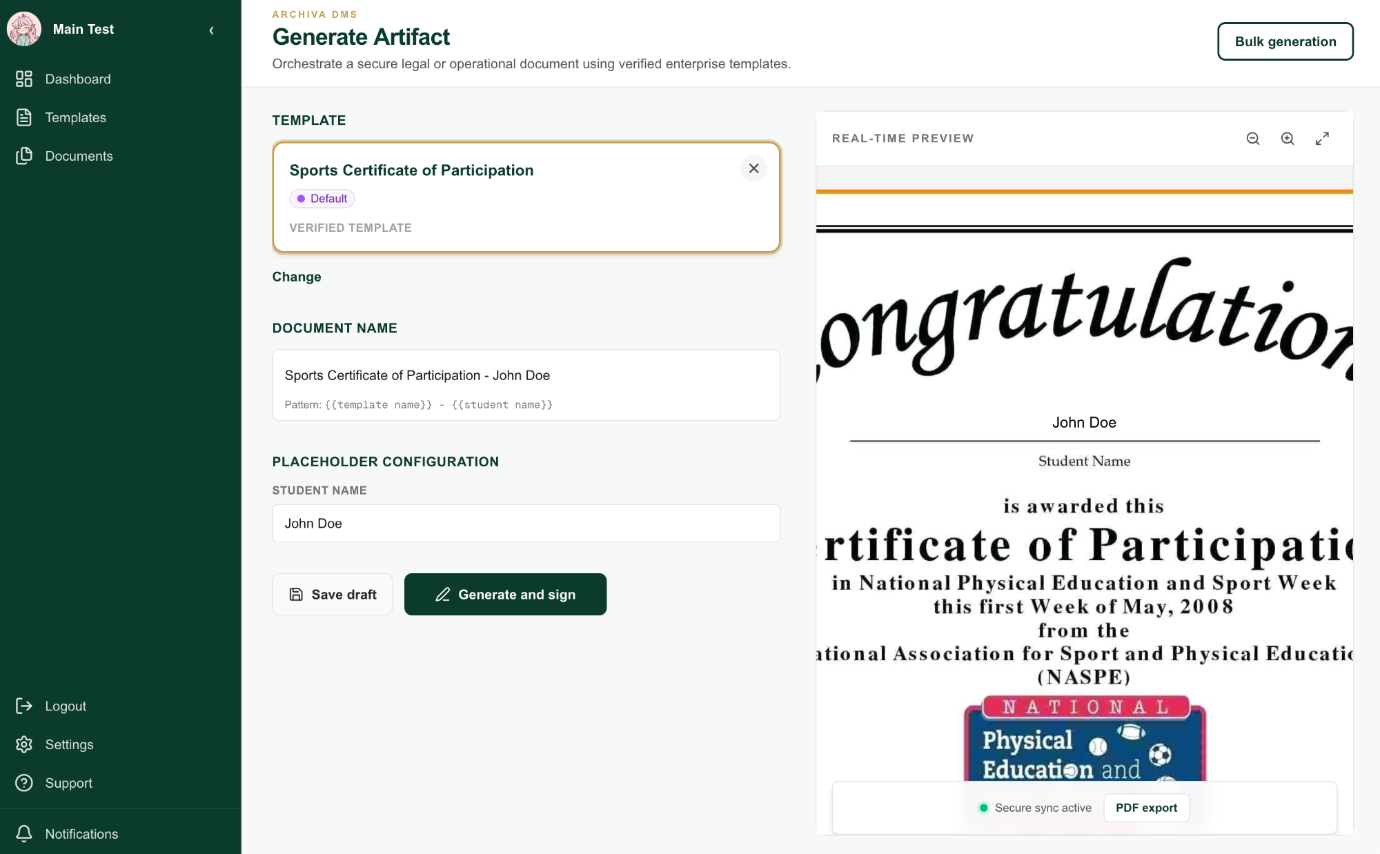 Generate document screen with template fields and live preview
