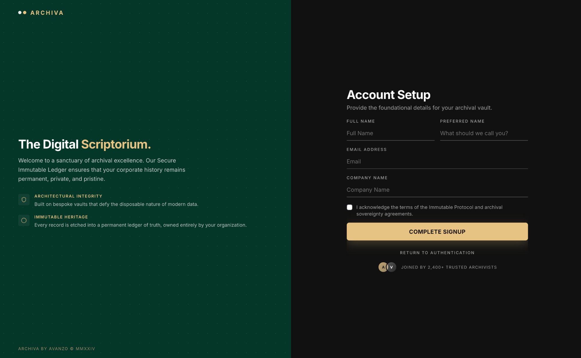 Archiva account setup form with name, email, and company fields